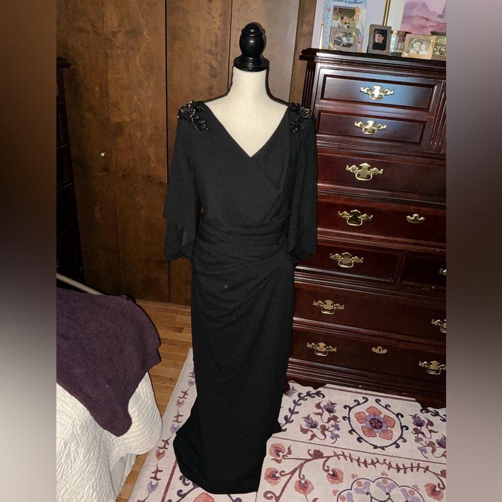 Adrianna Papell Black 3/4 Sleeve Gown with Embellished Shoulders NWOT
